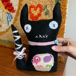 Handmade Felt Black Kitten with CupCake Doll & Cat Earrings/Cat Lady Bundle